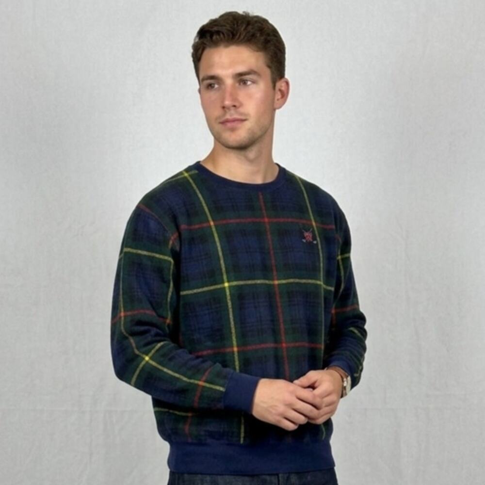 VTG Ralph Lauren Sweater Mens XL Blue Multi Plaid Modacrylic Cotton Crewneck